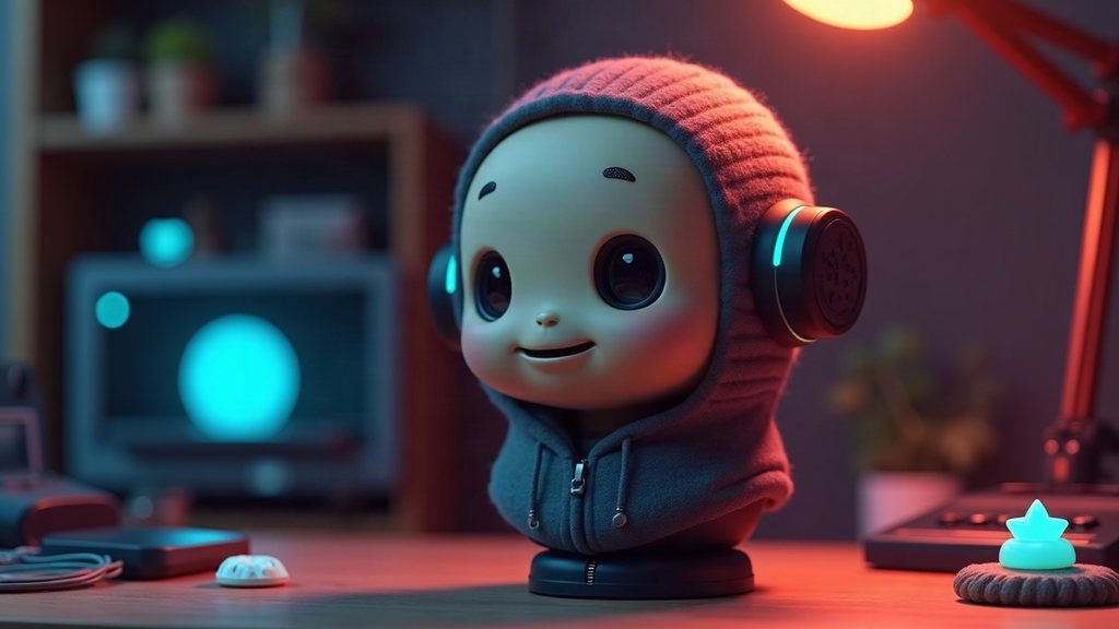 Illustrated concept of Kovi: a rounded robot bust in a knit hood and zip hoodie, with glowing headphones, on a workbench.